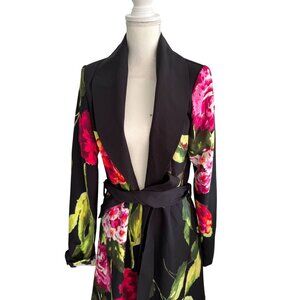 PETIT POIS Black Floral Romantic Peacoat Trench Coat Size Medium